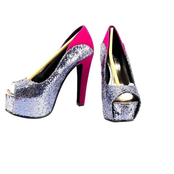 Michael Antonio glitter color block peep toe heel - Picture 2 of 9